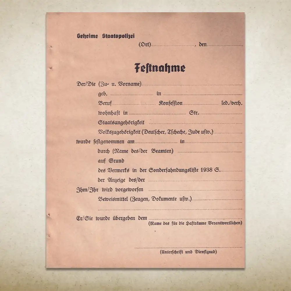 Historisches Festnahmeprotokoll / Zeitdokument WWII